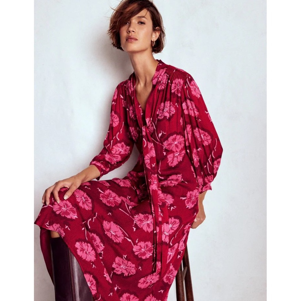 BODEN Brooke Tie Neck Tea Dress Cranberry Red, Delicate Vine Size 12R New W/ Tag - Picture 4 of 7